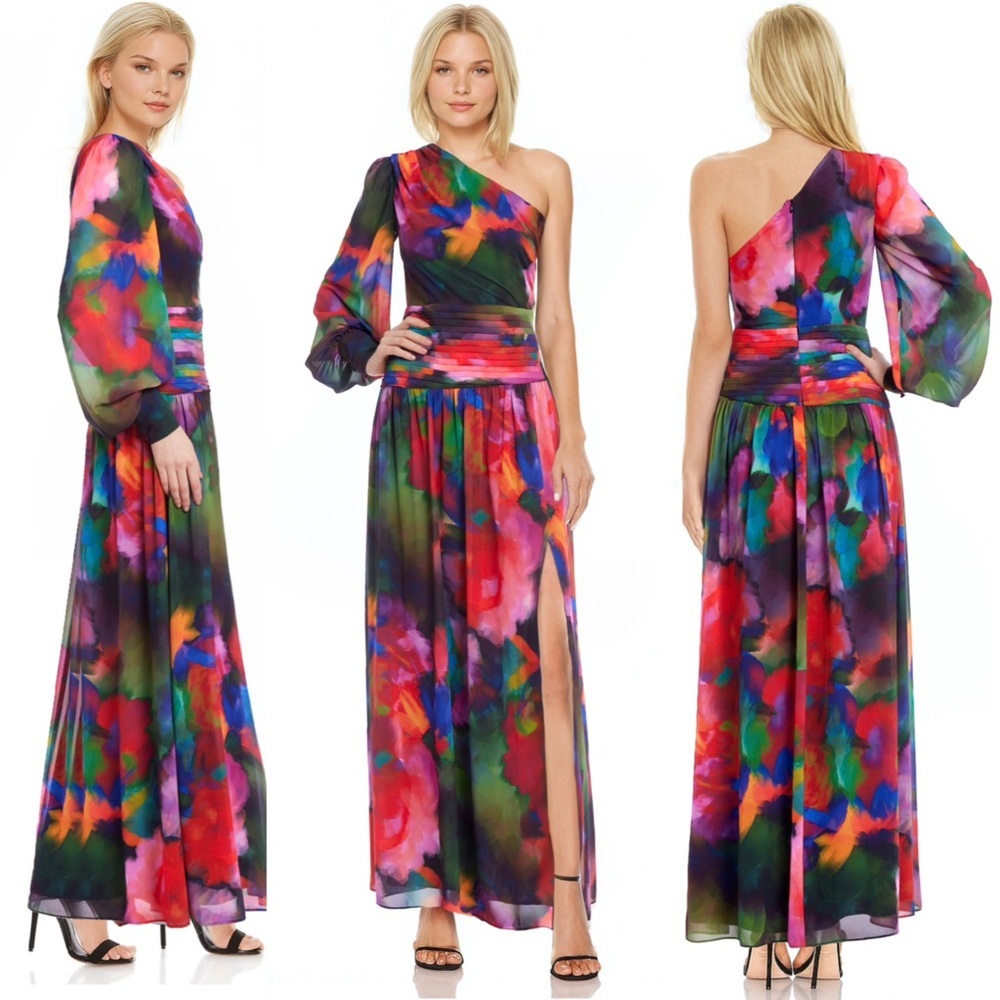 Badgley Mischka Ava One Shoulder Abstract Floral Watercolor Print Maxi Dress NEW